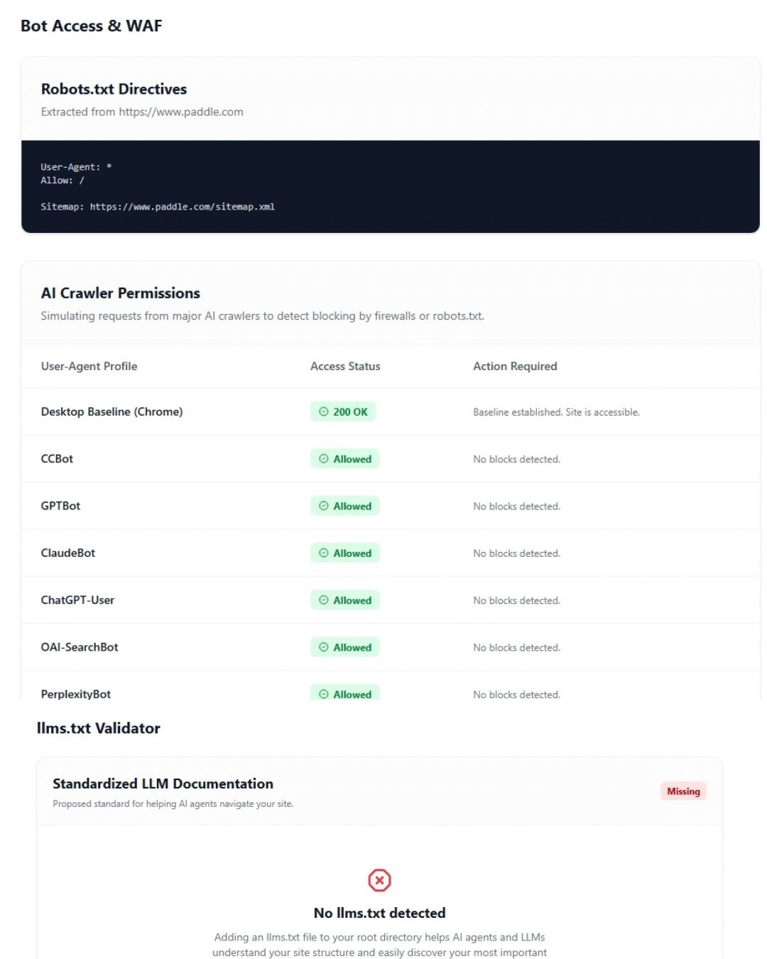 Validate AI Crawler Permissions & llms.txt